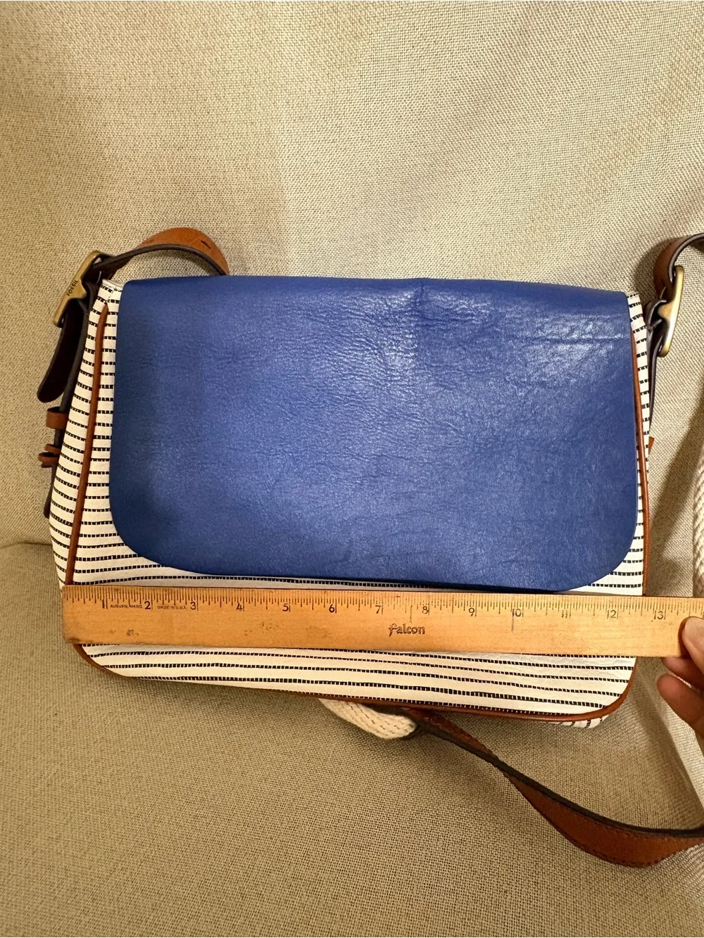 Fossil Cowhide Leather Nautical Stripe Shoulder Bag Blue White Adjustable Strap